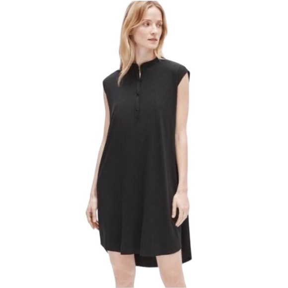 Eileen Fisher Fine Jersey Mandarin Collar Dress in Black PL - Picture 1 of 7